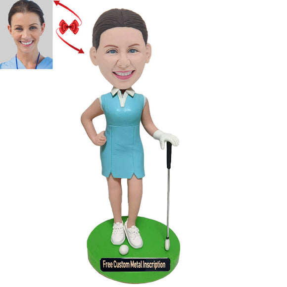 A Skilled Female Golfer Custom Bobblehead with Free Metal Inscription