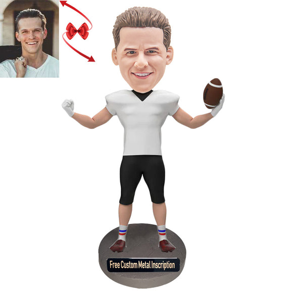 American Football Player Celebrating in White Sportswear Custom Bobblehead with Free Metal Inscription