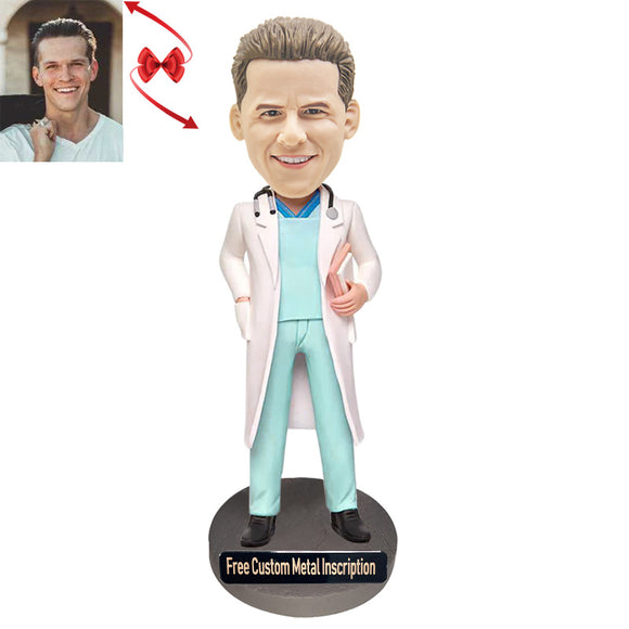 An Enthusiastic Doctor Custom Bobblehead with Free Metal Inscription