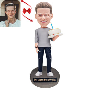 Man Holding Cake Custom Bobblehead with Free Metal Inscription