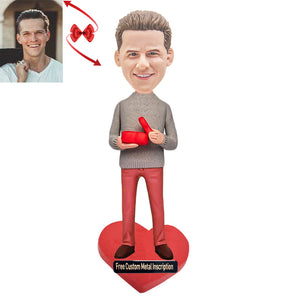 Man Preparing To Propose Custom Bobblehead with Free Metal Inscription