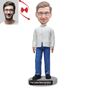 Man in Oxford Collar Shirt Custom Bobblehead with Free Metal Inscription