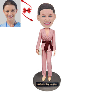 Pink Suit Office Lady Custom Bobblehead with Free Metal Inscription