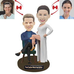 Playful Pregnant Couple Custom Bobblehead with Free Metal Inscription