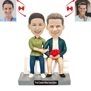 Sitting Couple with Love Valentine's Day Gift Custom Bobblehead with Free Metal Inscription